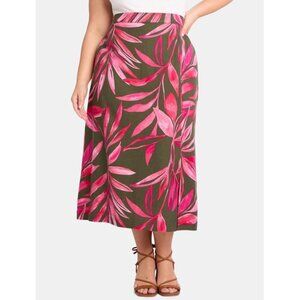 NEW Time & Tru SZ XL Women's Linen-Blend Slip Skirt w/Side Slit Green/Pink